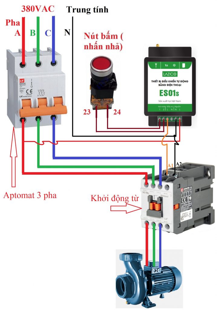 Đấu nối bộ điều khiển ES01s với khởi động từ, dùng điện 3 pha