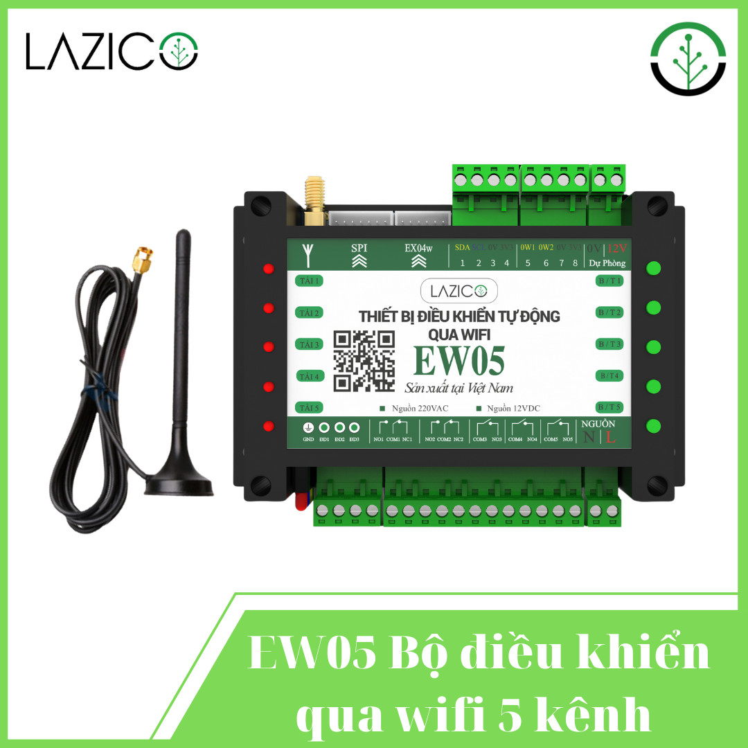 EW05- Bộ điều khiển từ xa 5 đầu ra qua wifi, có tích hợp 3 đầu dò sự cố, cảm biến nhiệt độ, độ ẩm